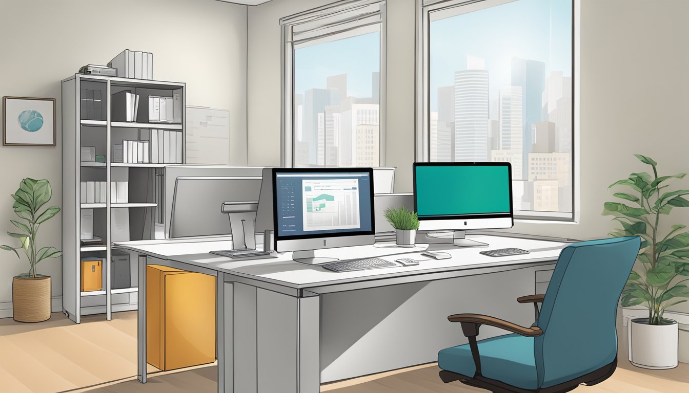 A modern office setting with a computer screen displaying the Smart-Towkay.com website, a desk with paperwork, and a business loan agreement