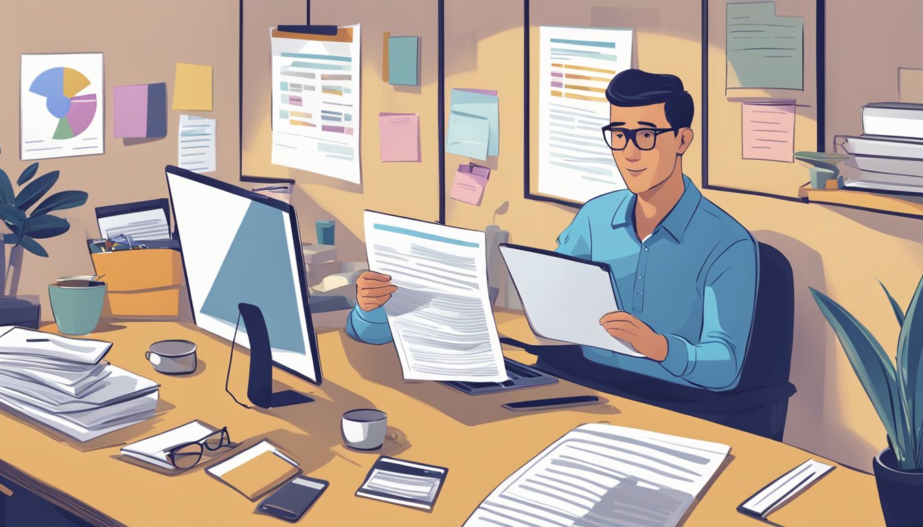 A business owner sits at a desk, reviewing loan application tips on SingFinance.com.sg. Documents and a laptop are scattered around the workspace