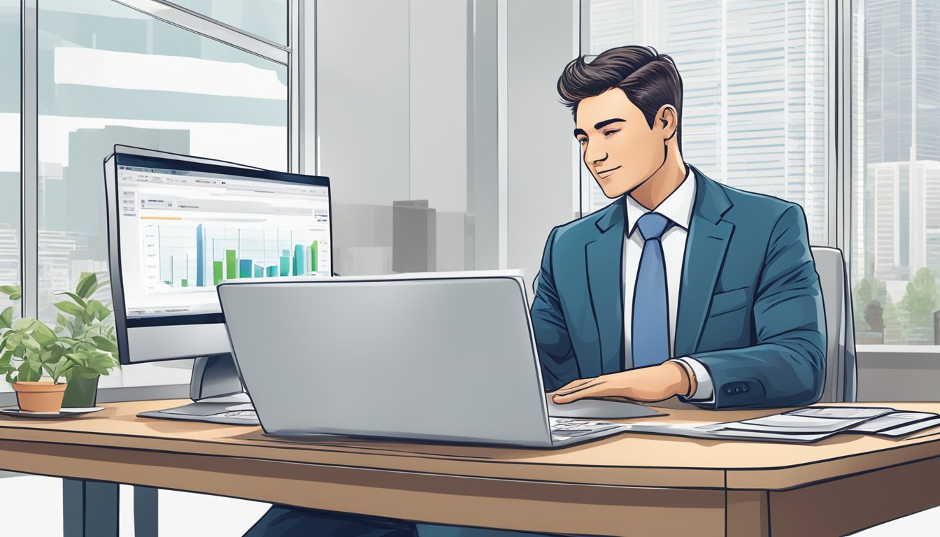 A businessman sits at a desk, reviewing SingFinance.com.sg business loan details on a computer screen, with a satisfied expression
