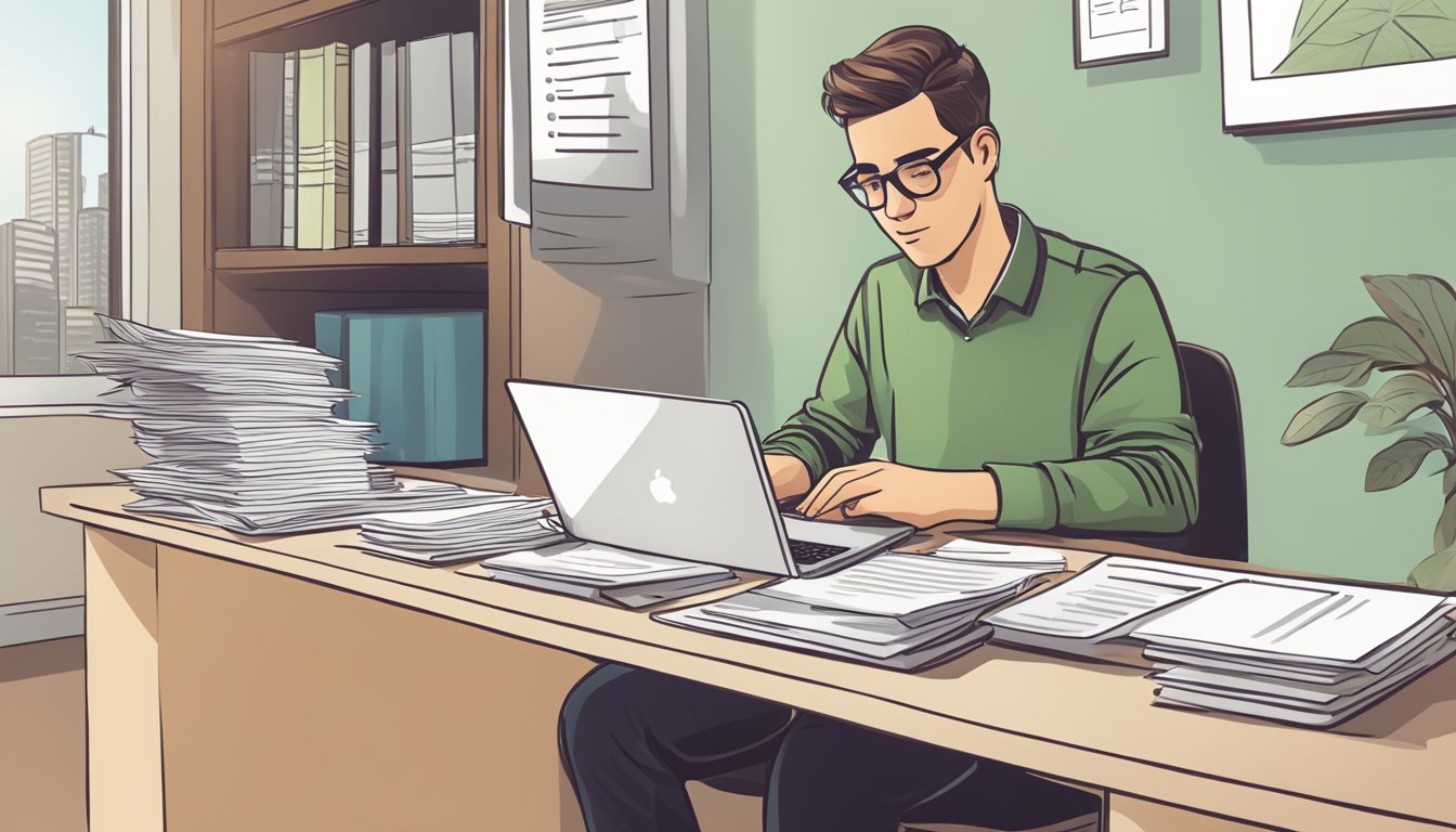A business owner sits at a desk, reviewing loan options on Smart-Towkay.com. Financial documents and a laptop are spread out in front of them