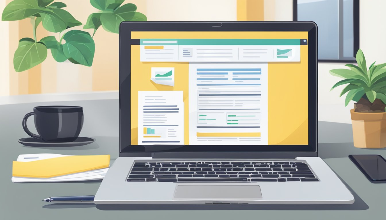 A laptop displaying Smart-Towkay.com website with a business loan application form open. A pen and paper with financial documents on a desk