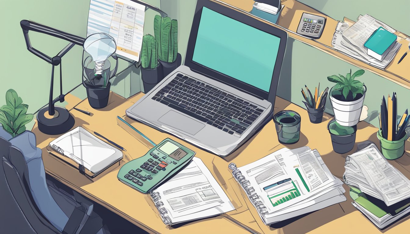 A cluttered desk with a laptop, calculator, and paperwork. A sign on the wall reads "Practical Tips for Business Loan Applicants" with the Smart-Towkay.com logo