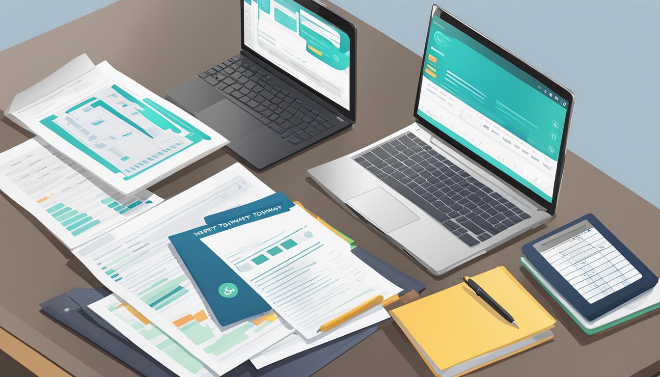 A laptop displaying Smart-Towkay.com website with positive reviews. A stack of business loan documents and a calculator on a desk