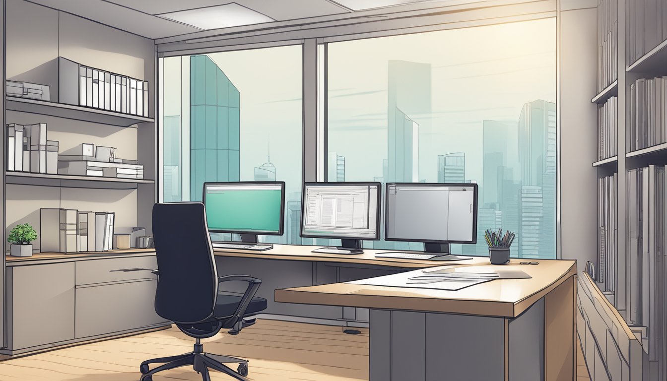 A modern office setting with a sleek desk, computer, and paperwork, representing the financial services provided by Linkflow Capital Pte Ltd for SME Loans in Singapore
