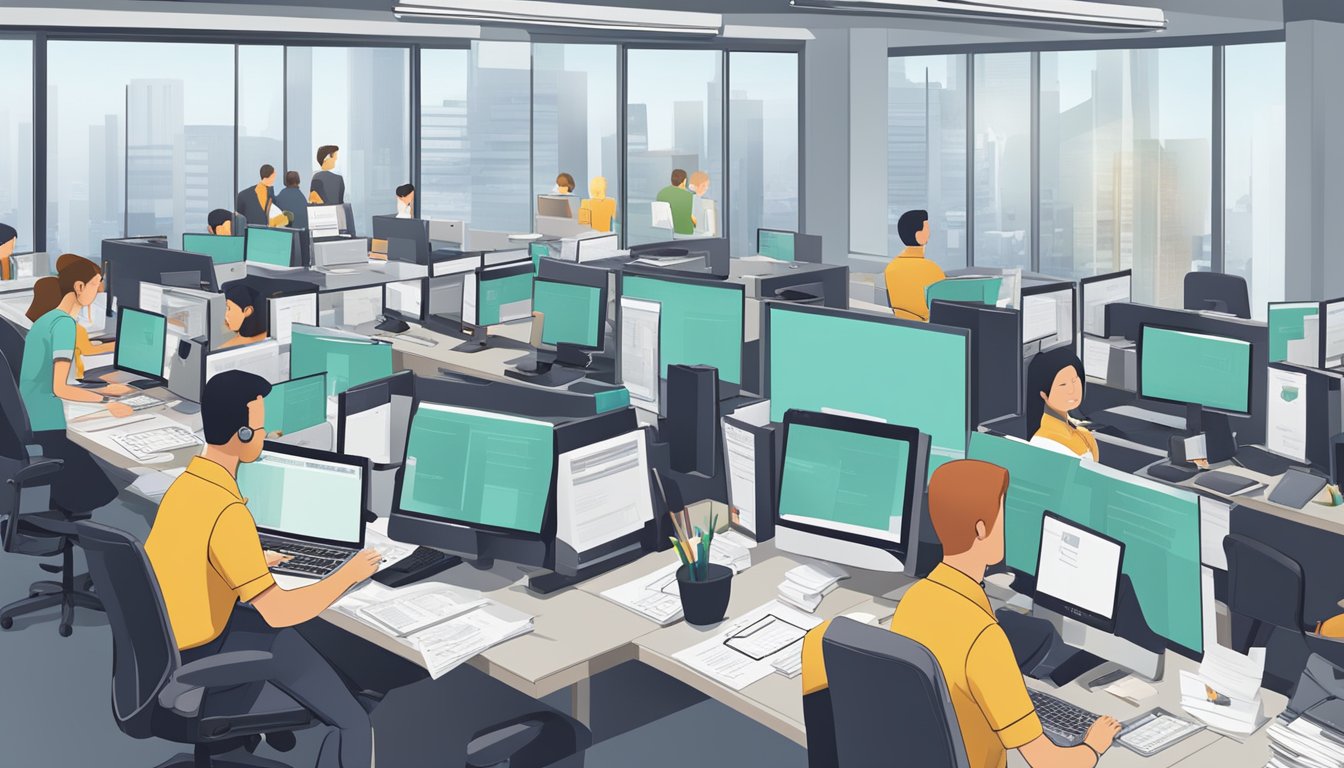 A bustling office with employees processing loan applications at Linkflow Capital Pte Ltd. Papers and computers fill the desks, while the CEO oversees operations