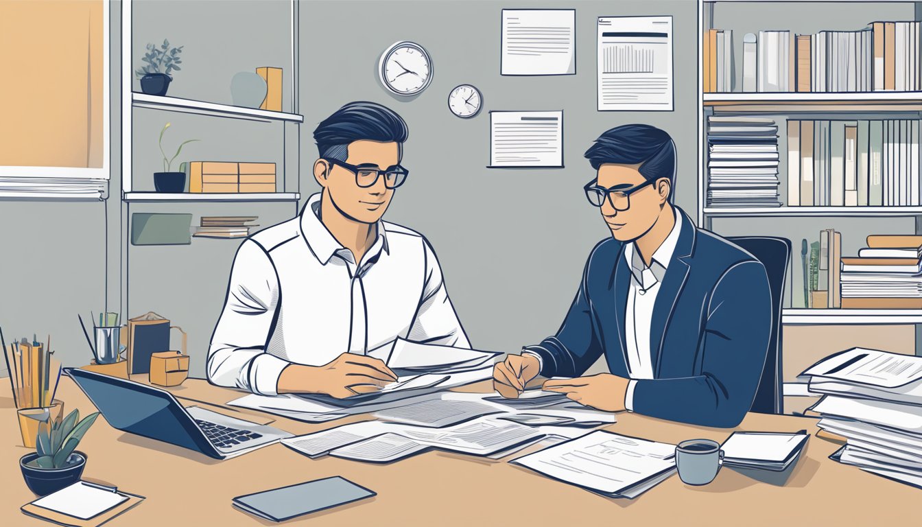 A business owner sits at a desk, reviewing loan offers from Linkflow Capital Pte Ltd. Papers and a laptop are scattered on the desk, showing the process of comparing SME loan options