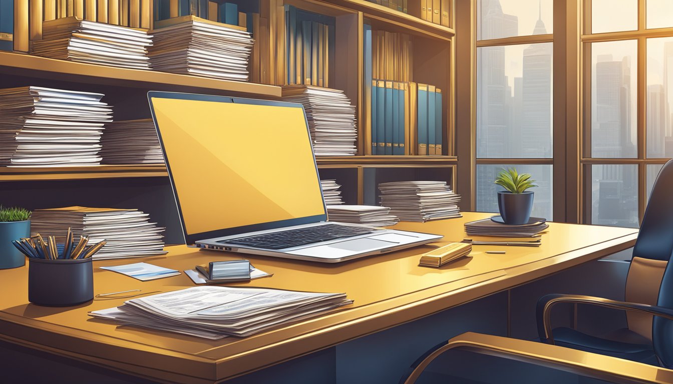 A grand office desk with a golden sheen, surrounded by stacks of financial documents and a sleek laptop, symbolizing prosperity and success