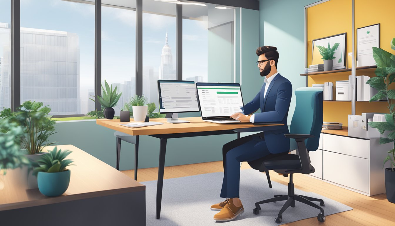A modern office setting with a sleek desk, computer, and business loan documents spread out. A confident business owner sits, reviewing the BSmart.sg loan offer