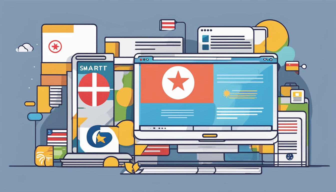 A laptop displaying BSmart.sg website with positive review quotes, business loan information, and Singaporean flag in the background