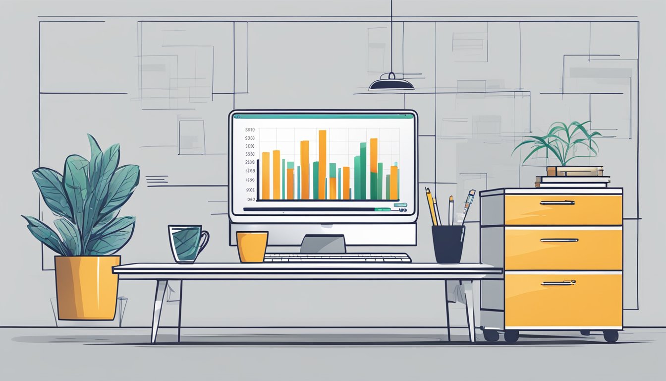 A sleek office desk with a laptop, pen, and paper. A graph showing financial growth on the computer screen. A logo of Midas-Concept.sg displayed prominently on the wall