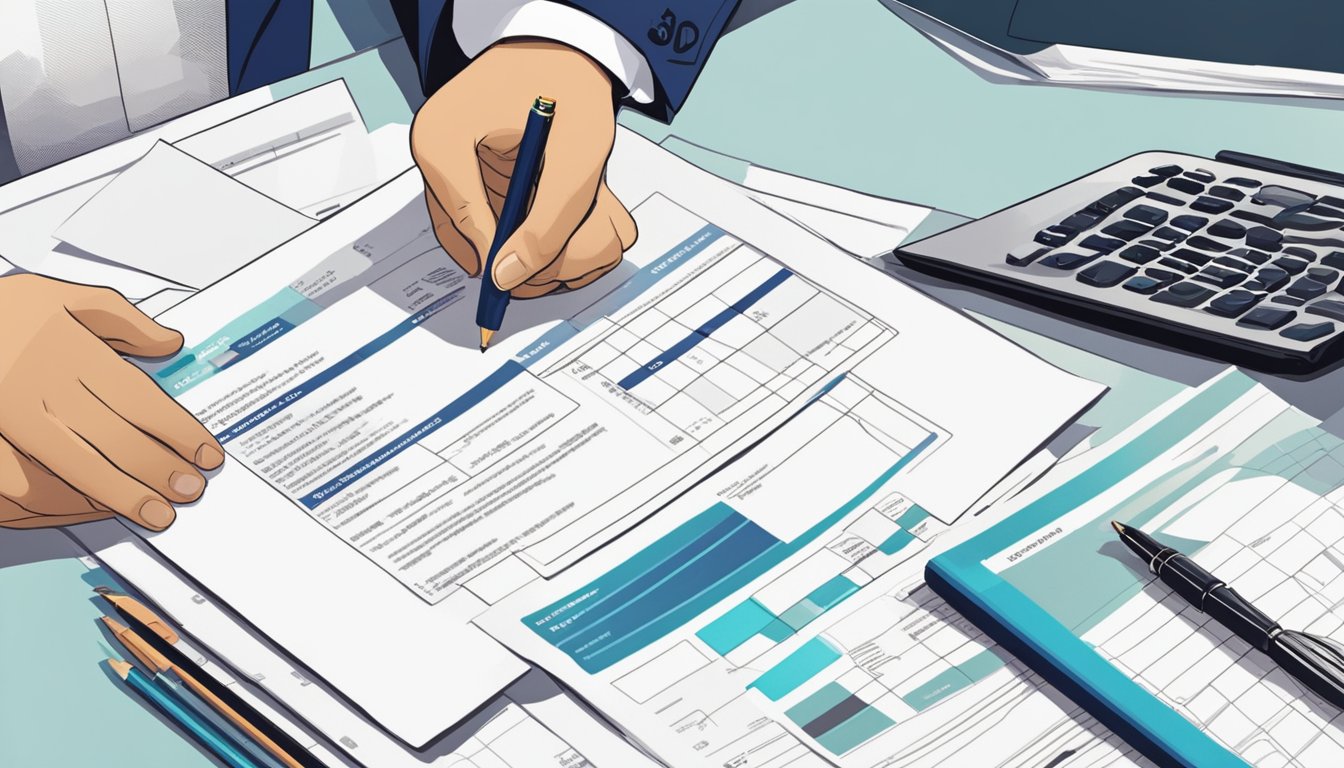 A hand holding a pen fills out an application form for Linkflow Capital Pte Ltd SME Loans SG Review. The form sits on a desk surrounded by financial documents and a computer screen displaying the company's logo