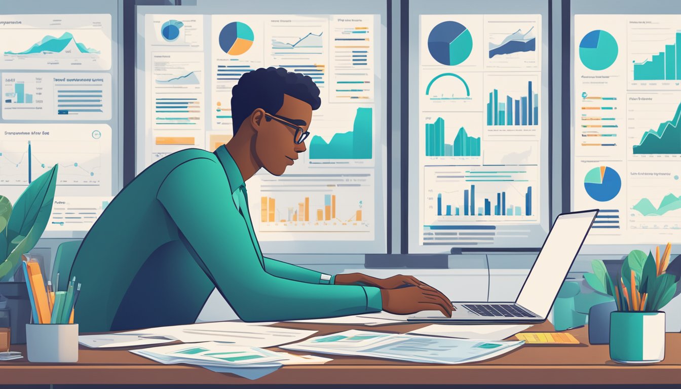 A person sits at a desk, surrounded by paperwork and a laptop. Multiple loan offers are displayed on the screen, with charts and graphs showing interest rates and payment schedules