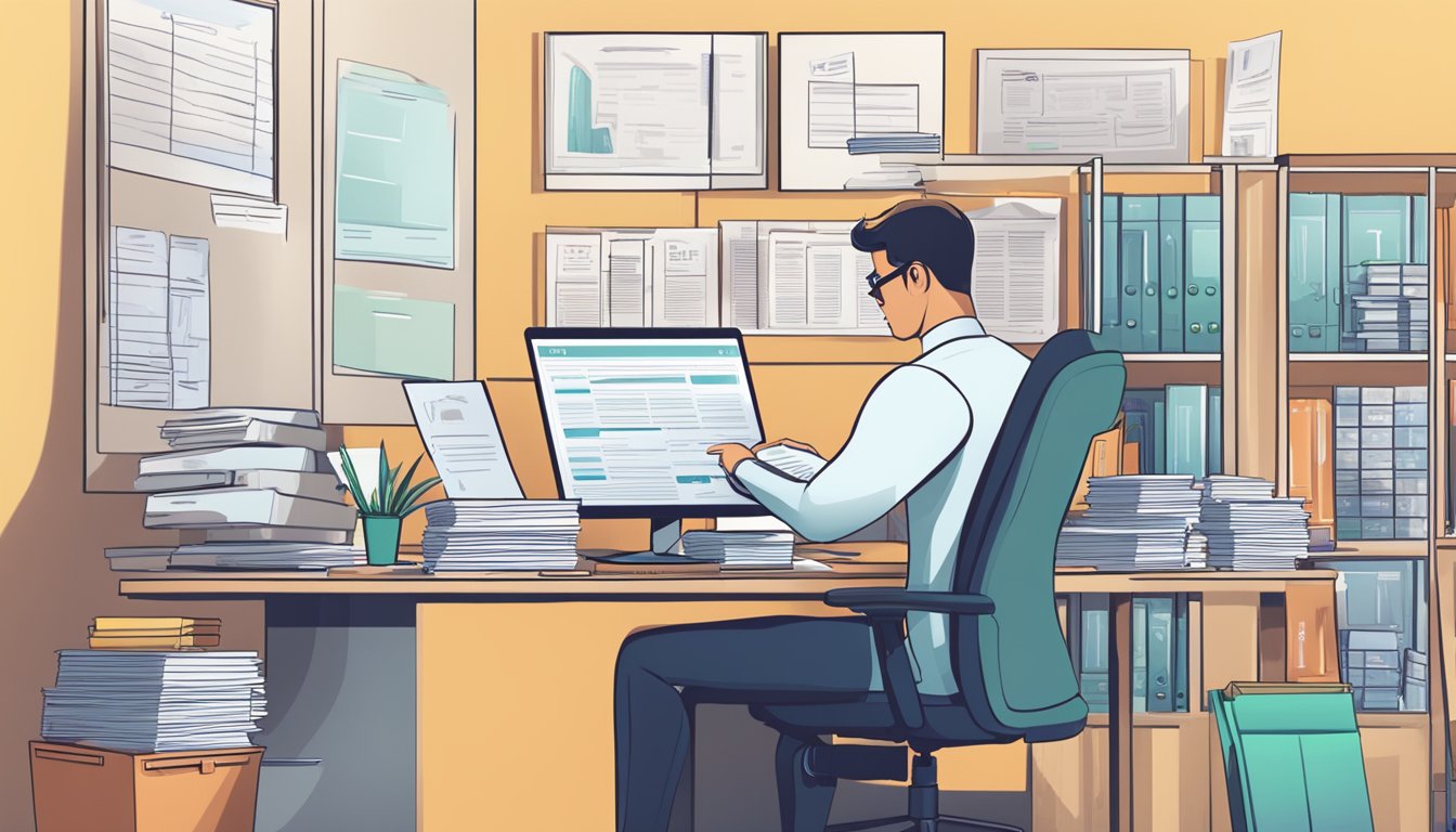 A business owner fills out loan application forms at a desk, surrounded by documents and a computer. The office is bright and modern, with a logo prominently displayed