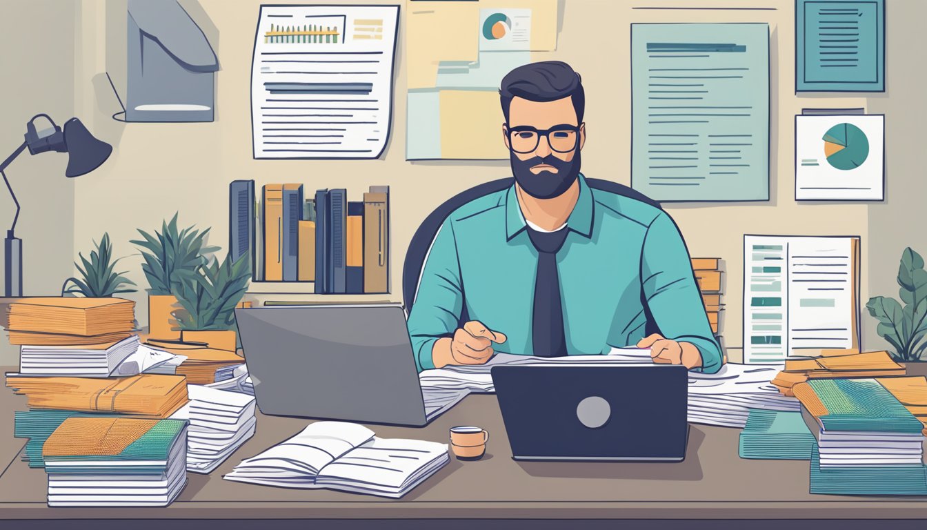 A business owner sits at a desk, surrounded by paperwork and a laptop. Various loan offers are spread out in front of them, as they carefully compare the terms and benefits of each option