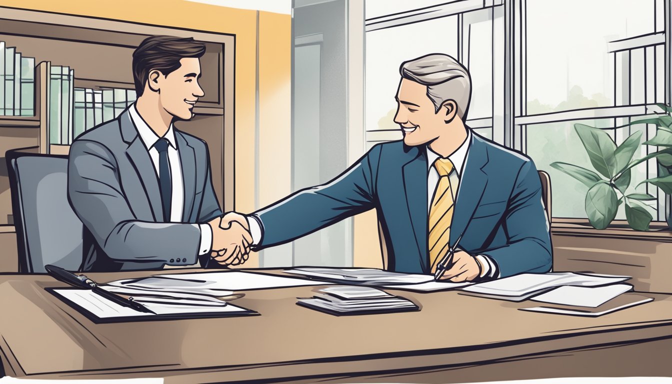 A business owner signs documents at a desk with a bank representative, shaking hands after discussing a loan. The bank logo is visible in the background