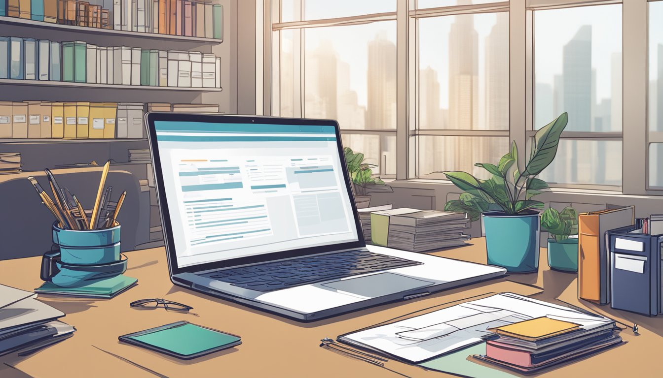 An office desk with a laptop, documents, and a pen. A sign with "Linkflow Capital Pte Ltd SME Loans SG Review" on the wall