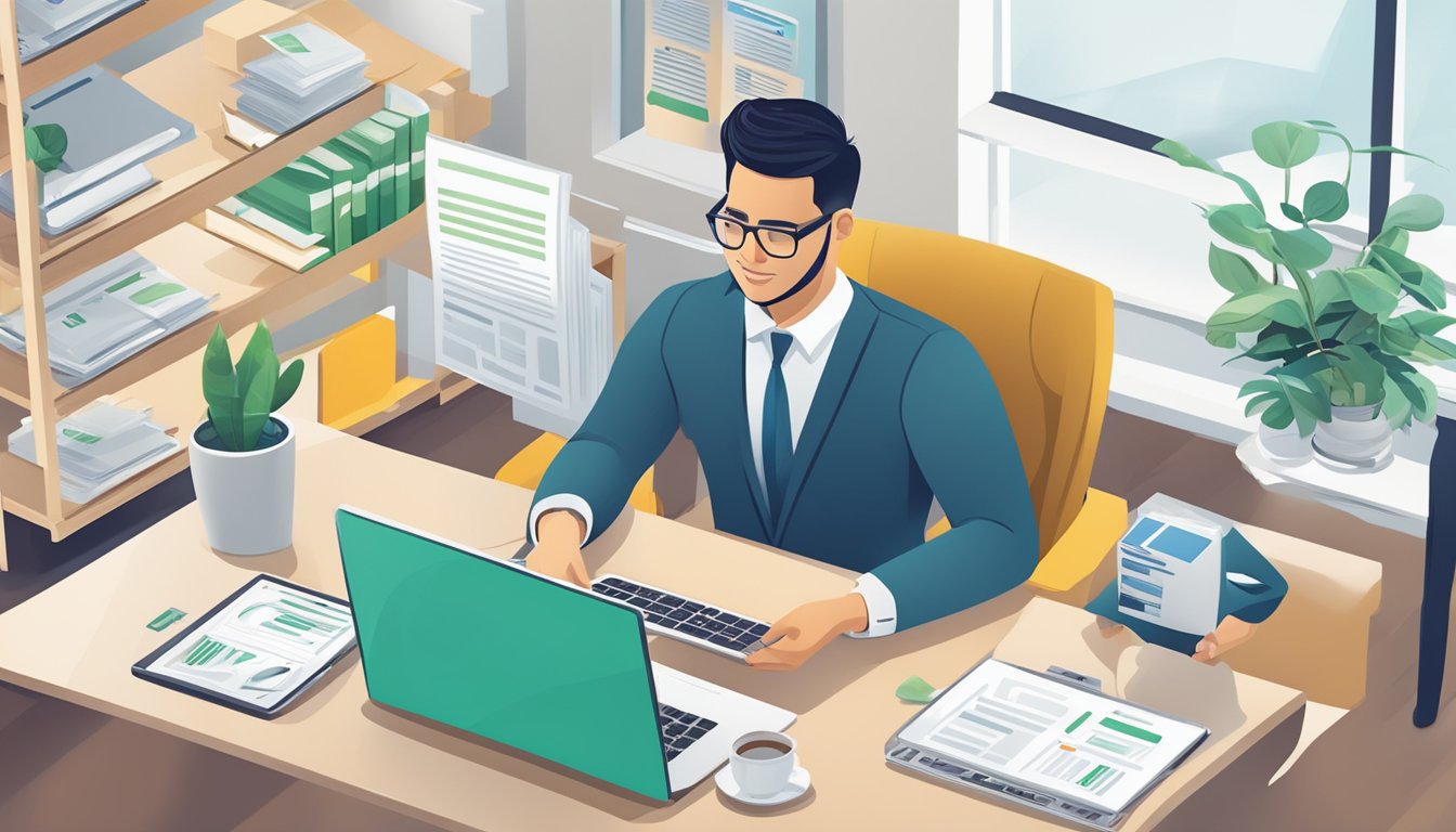 A business owner submitting documents online for a loan, surrounded by financial statements and a laptop with the BSmart.sg website open