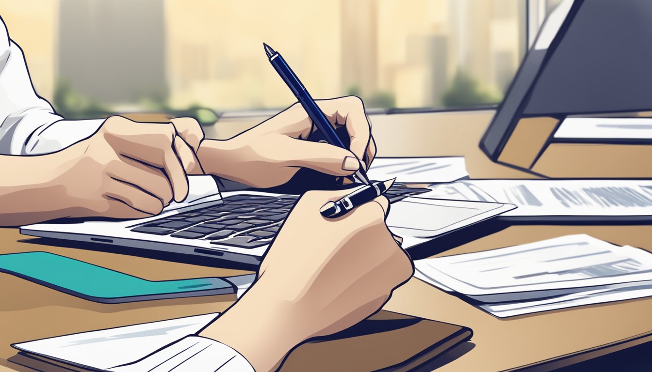 A hand holding a pen fills out a loan application form on a desk with a laptop and documents. The Midas-Concept.sg logo is visible on the screen