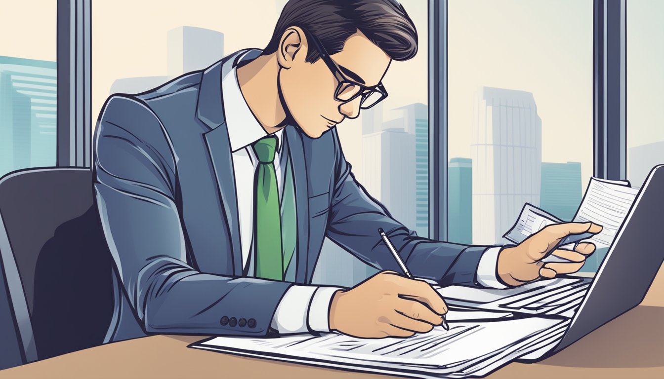 A businessman fills out an online application for a business loan on the BSmart.sg website, with financial documents and personal information on hand