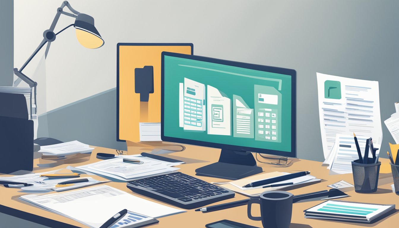 A desk cluttered with paperwork, a laptop, and a calculator. A business logo prominently displayed on the wall. A stack of loan application forms neatly organized on the desk