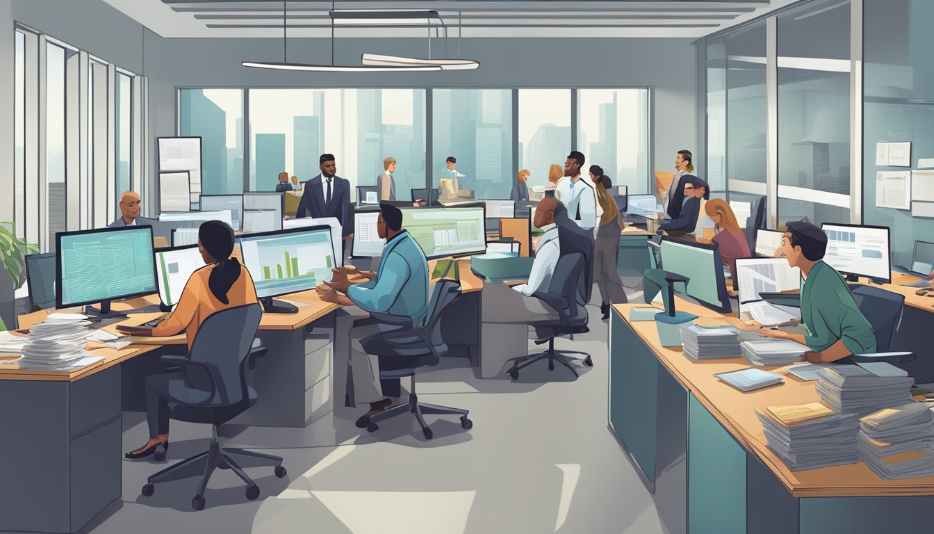 A bustling office with a diverse group of professionals discussing financial documents and strategizing for a business loan application. Computer screens and paperwork clutter the desks, while a sense of determination and focus fills the room