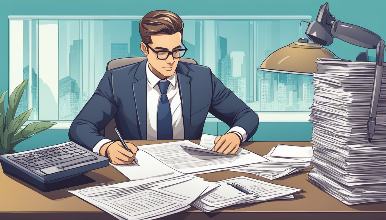 A businessman signing a contract with a satisfied expression, surrounded by financial documents and a laptop