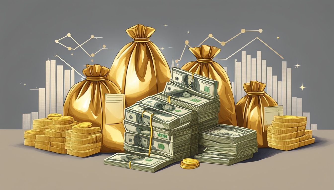 A stack of money bags with a golden glow, surrounded by financial charts and documents, representing success and prosperity