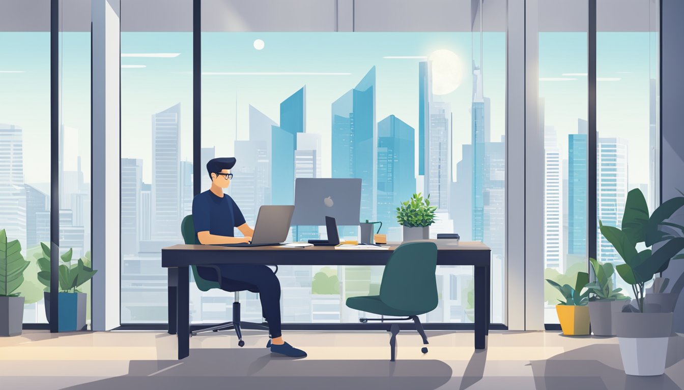 A small business owner in Singapore reviews Omy.sg SME Business Loans, sitting at a desk with a laptop and paperwork. The office is bright and modern, with a city skyline visible through the window