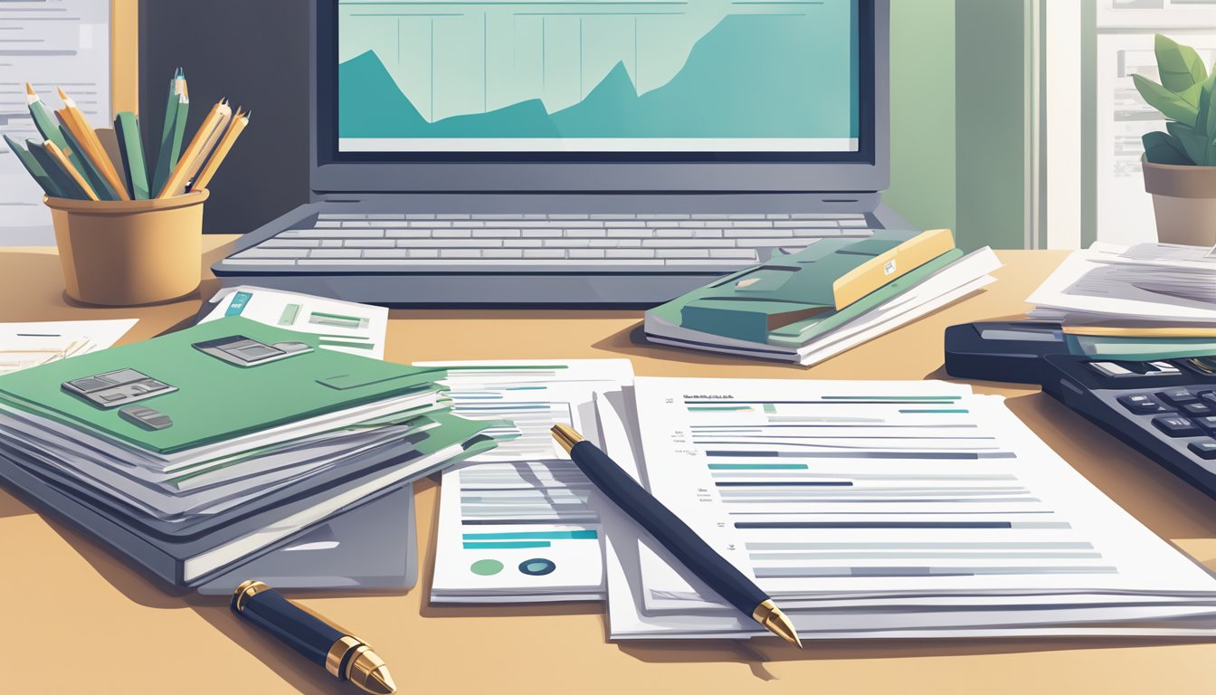 A stack of business loan documents sits on a desk, surrounded by a laptop, calculator, and pen. The office space is neat and organized, with a window providing natural light