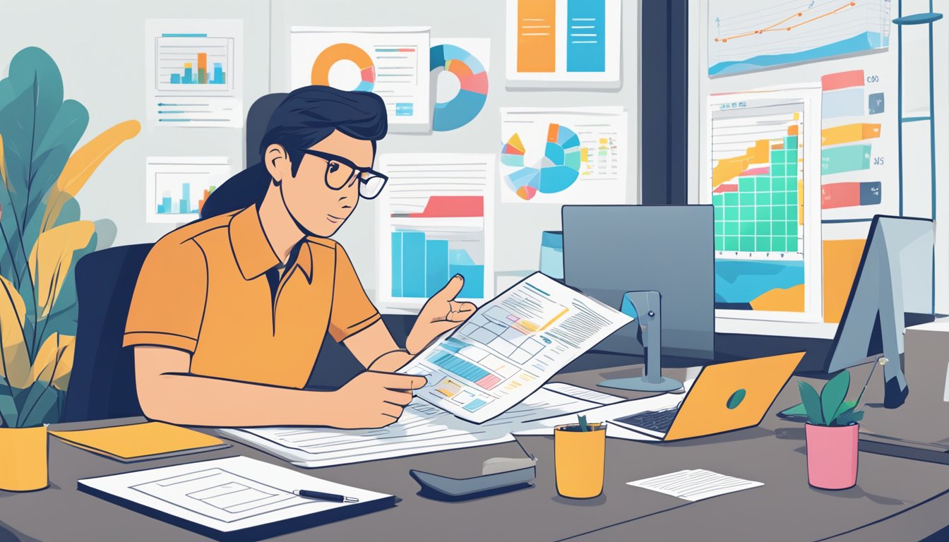 A business owner sits at a desk, comparing loan offers on Omy.sg. Charts and graphs are spread out in front of them, showing different interest rates and repayment terms. The business owner looks focused as they consider their options