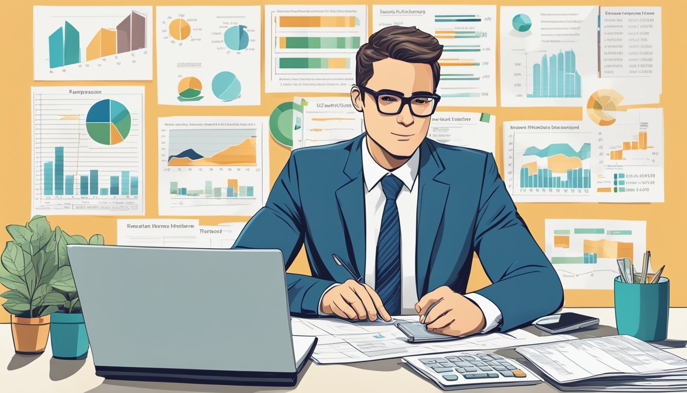 A businessman in a suit sitting at a desk with a laptop, paperwork, and a calculator, surrounded by charts and graphs, indicating financial planning for a business loan