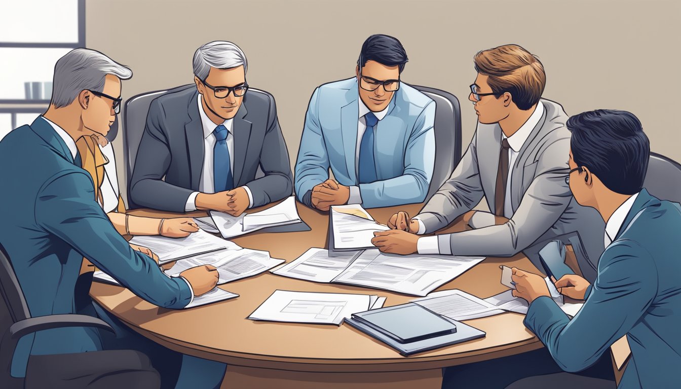 A group of business professionals gather around a conference table, discussing and reviewing loan applications for small and medium-sized enterprises