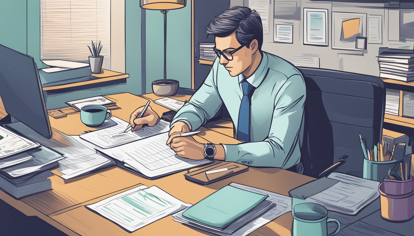 A businessman sits at a desk, reviewing Omy.sg SME Business Loans SG. Papers and a laptop are spread out in front of him as he takes notes and compares options
