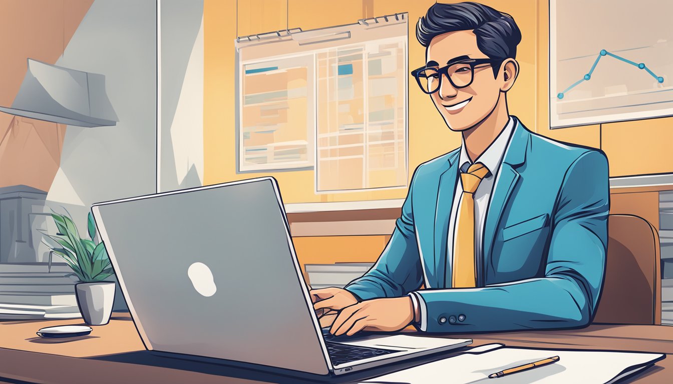 A businessman reviewing Omy.sg SME Business Loans SG on a laptop with a satisfied expression