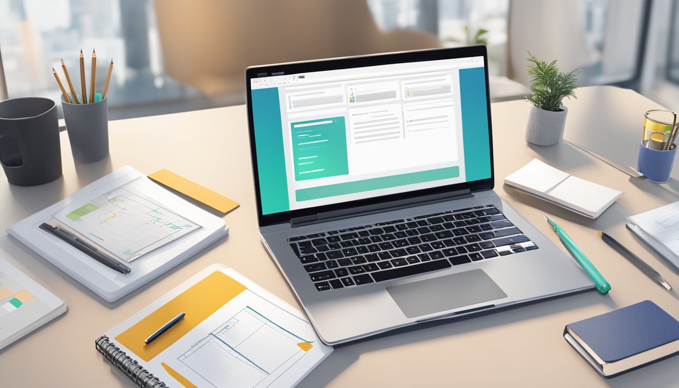 A modern office desk with a laptop, paperwork, and a sleek pen. A logo of SmartFunding.sg displayed on the laptop screen