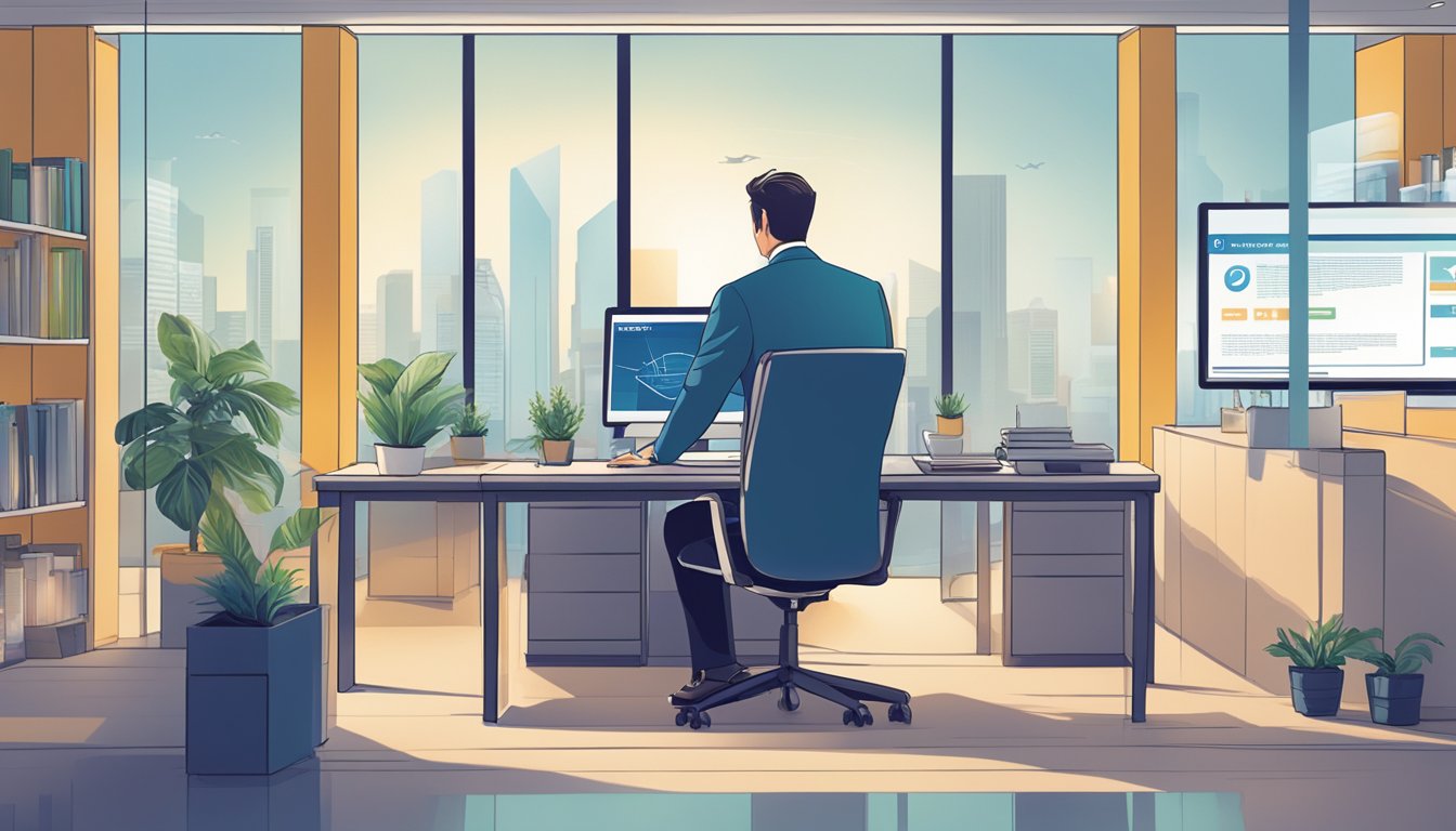 A modern office setting with a computer screen displaying the SmartFunding.sg website, a businessman in a suit reviewing the business loan options