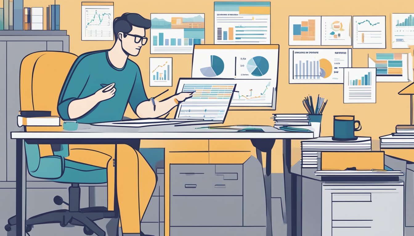 A business owner sits at a desk, comparing loan offers on SmartFunding.sg. Charts and graphs are spread out in front of them, as they carefully consider their options