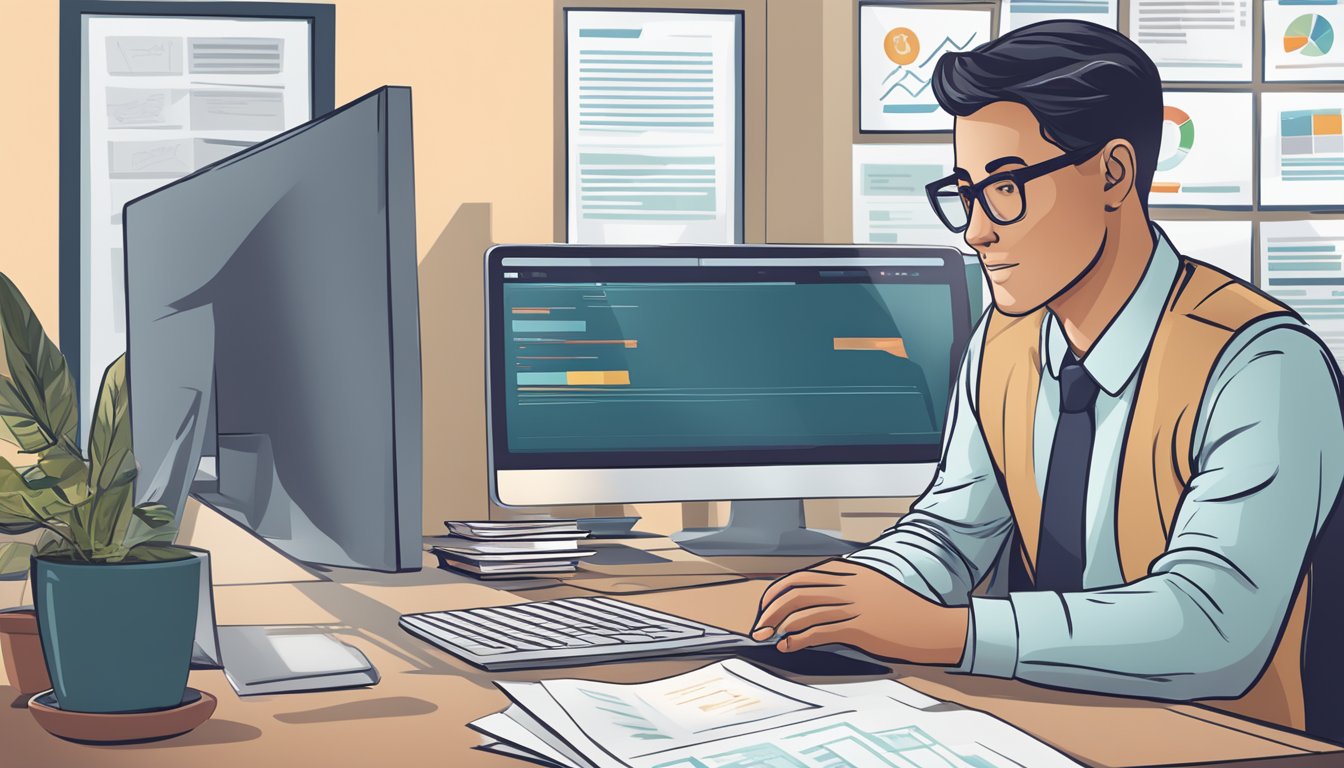 A business owner sits at a desk, reviewing loan eligibility criteria on a computer screen, with financial documents spread out in front of them