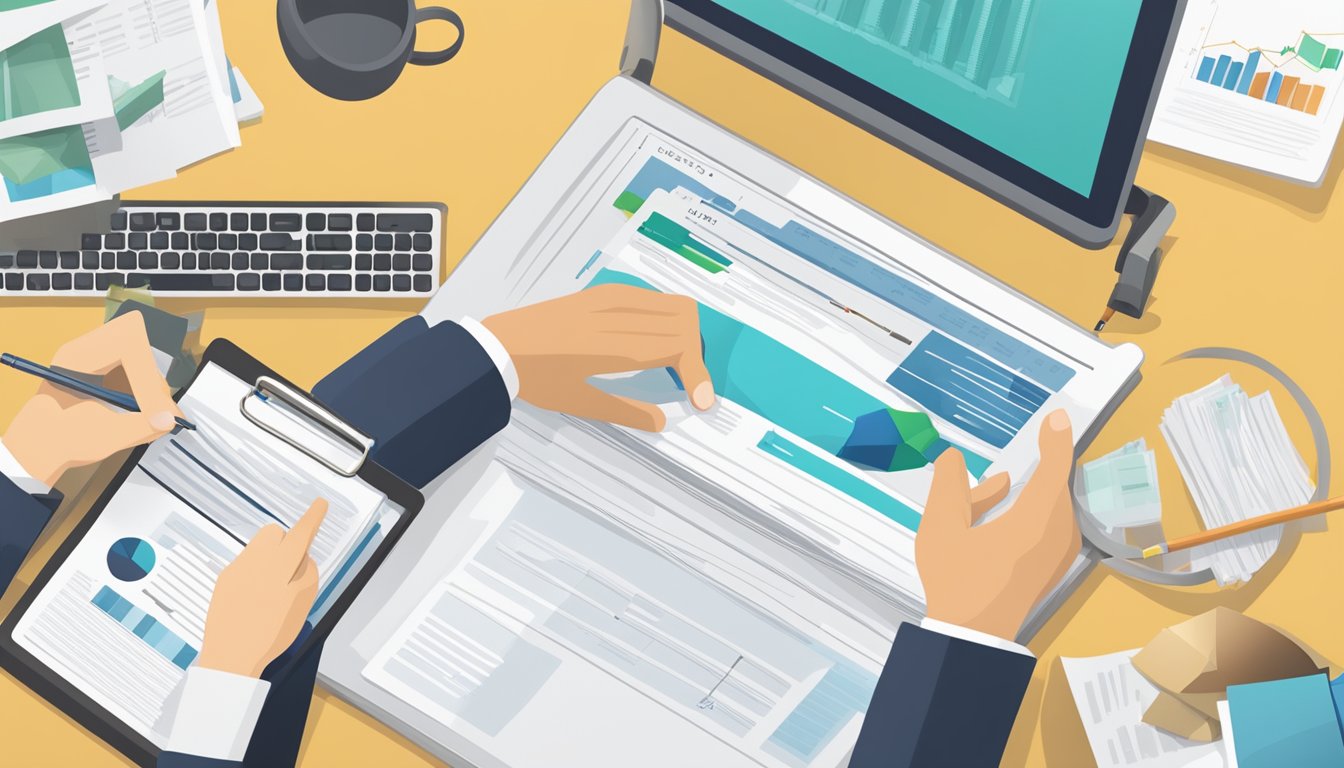A businessman fills out a loan application on SmartFunding.sg website, surrounded by financial documents and a laptop