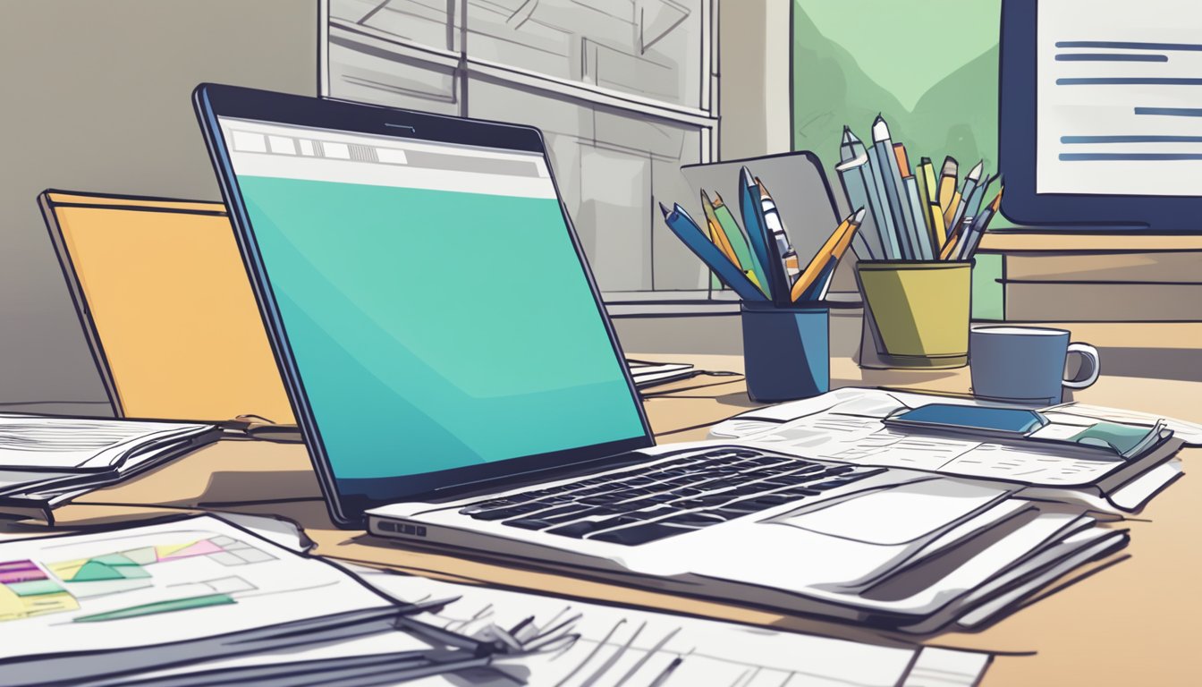 A desk with a laptop, paperwork, and a calculator. A sign with "Practical Tips for Business Loan Applicants" and "SmartFunding.sg Business Loan SG Review" displayed prominently