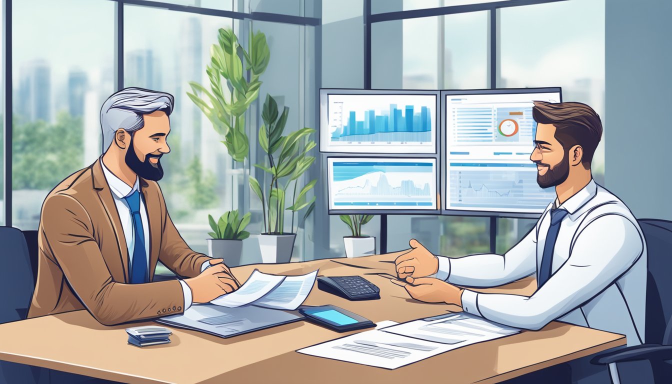 A businessman signs a contract with SmartFunding.sg, shaking hands with the lender. The office is modern and professional, with computer screens displaying financial data