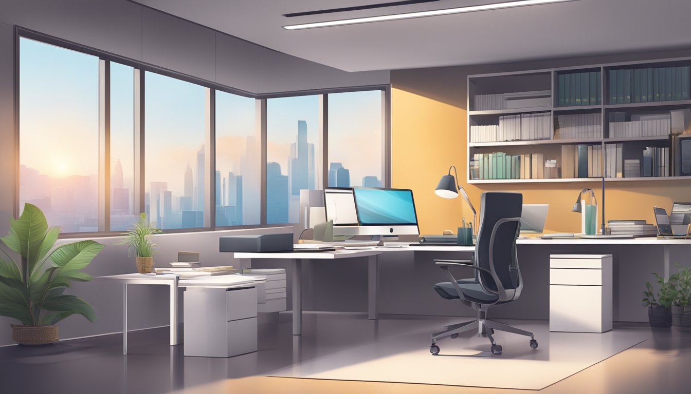 A modern office setting with a sleek desk, computer, and financial documents. A professional atmosphere with a hint of ambition and success
