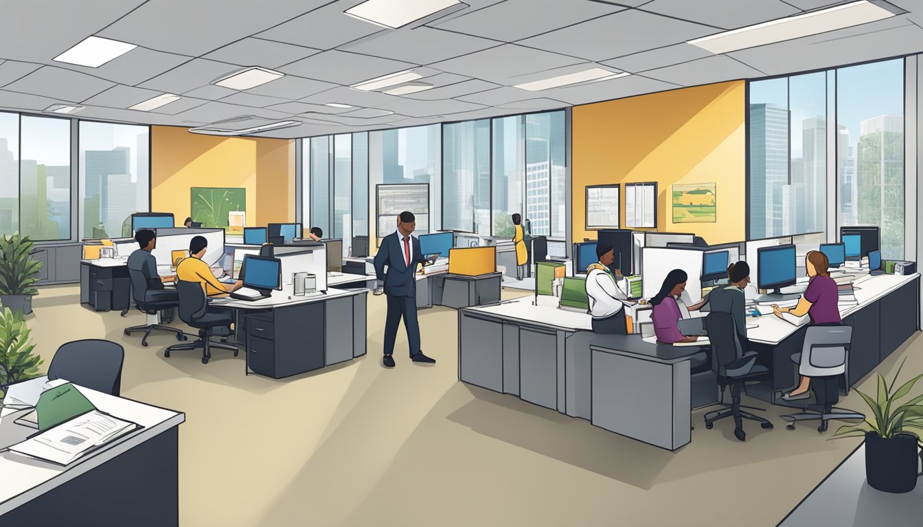 A bustling office with staff assisting clients, logo prominently displayed, and documents being exchanged