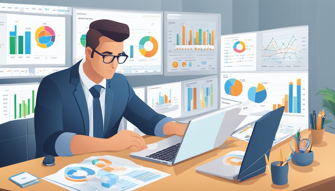 A businessman sits at a desk, comparing loan offers on a laptop. Charts and graphs are spread out in front of him, showing different financial options