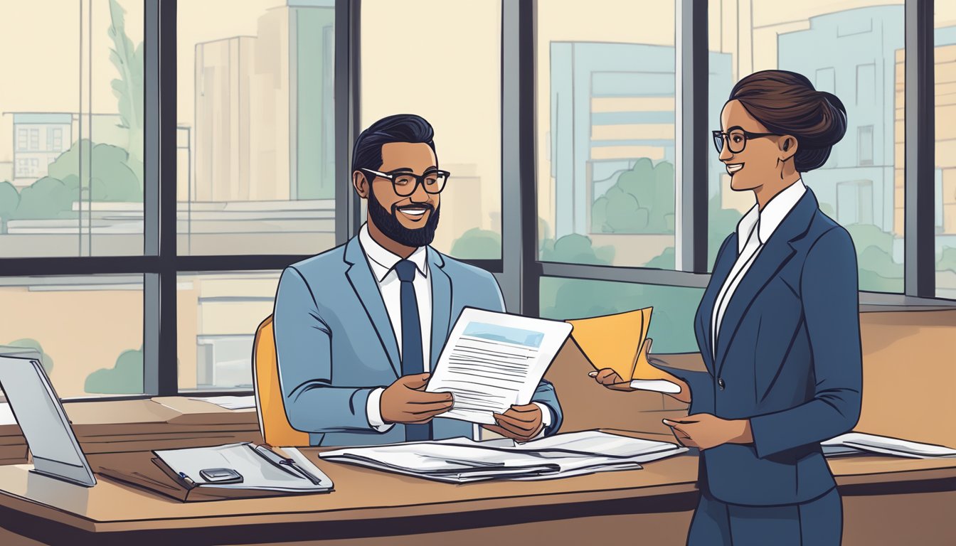 A well-dressed business owner confidently presents financial documents to a professional loan officer at Tembusu Financial Services, discussing eligibility for a business loan
