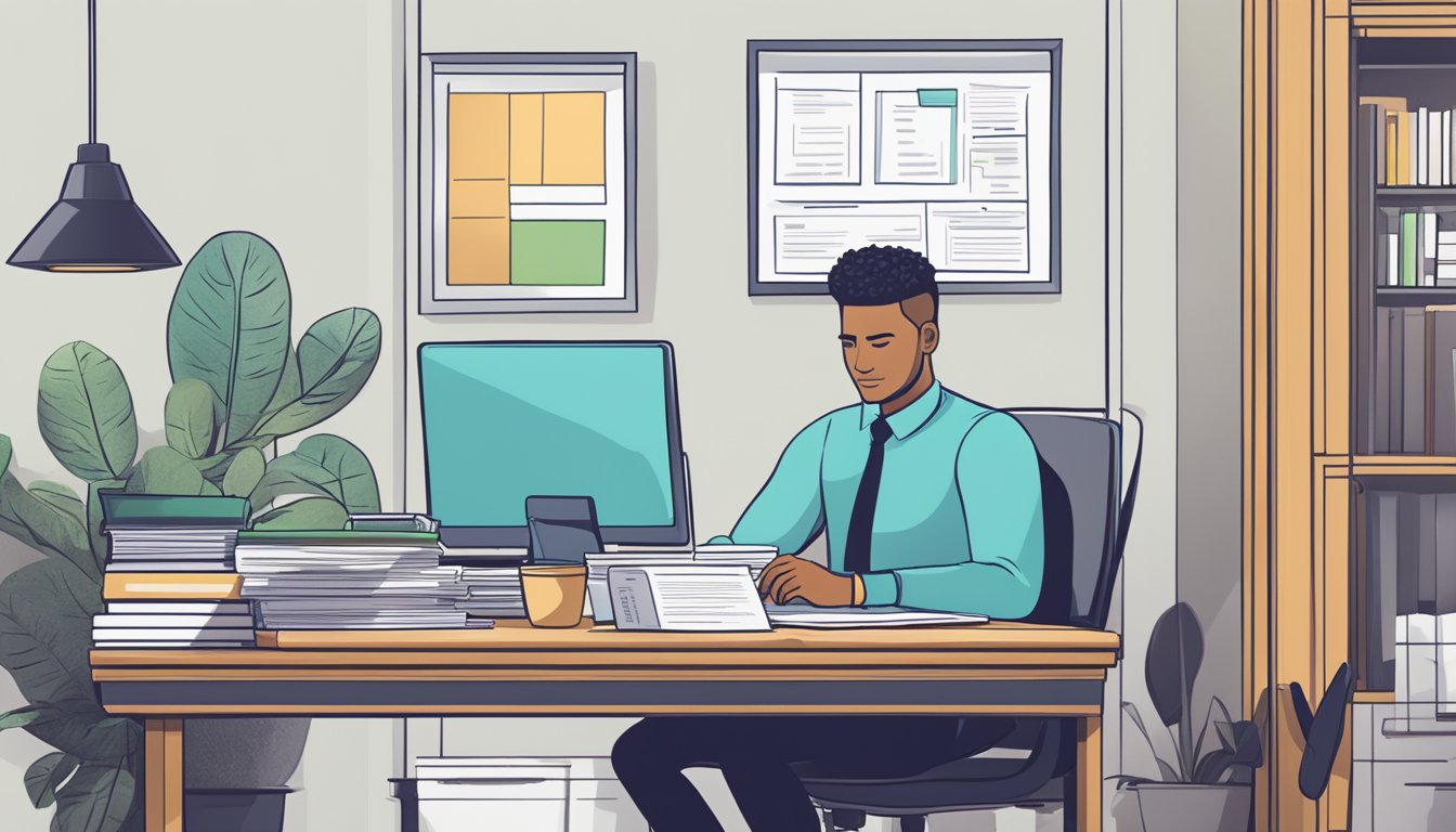 A business owner fills out an application form at a sleek desk, surrounded by financial documents and a laptop showing the Tembusu Financial Services website
