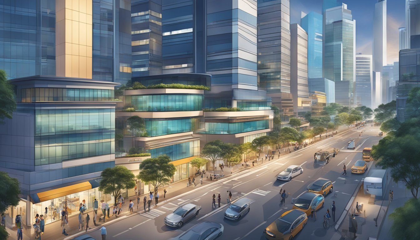 A bustling Singaporean street with modern office buildings and financial institutions, showcasing the dynamic business environment of ThinkSME.sg