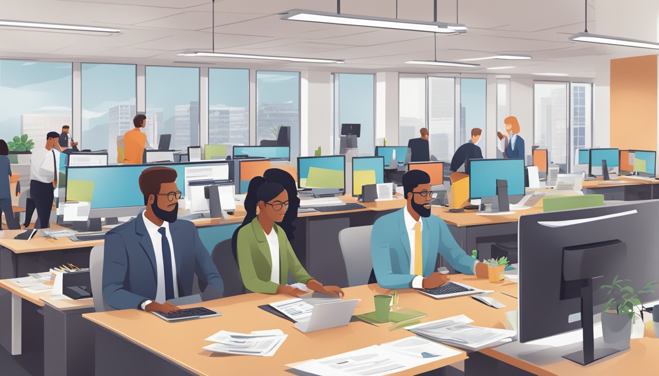 A bustling office with people applying for business loans at Tembusu Financial Services. Documents and laptops scattered across desks, while staff assist clients