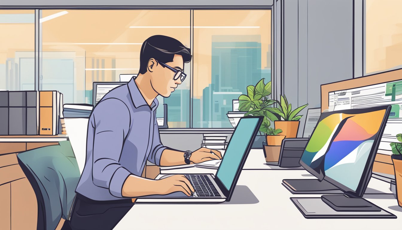 A business owner sits at a desk, reviewing ThinkSME.sg website on a computer screen. The logo and key information about business loans are visible on the screen