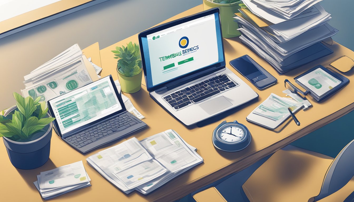 An office desk cluttered with financial documents and a laptop, with a Tembusu Financial Services logo prominently displayed